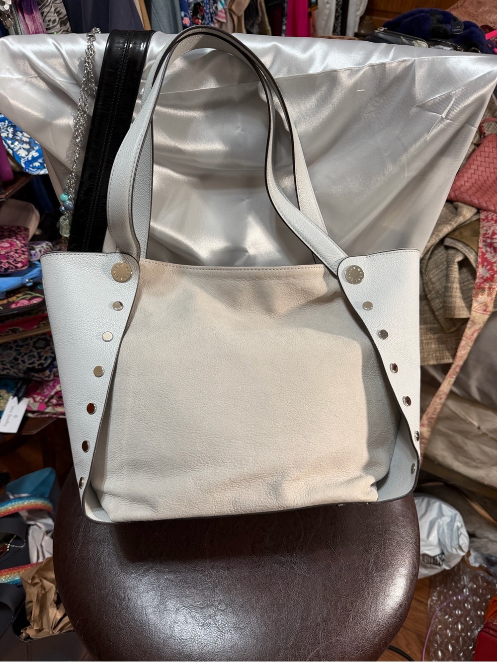 henri bendel White Pebbled Leather and suede Cooper Tote with Silver Studs
